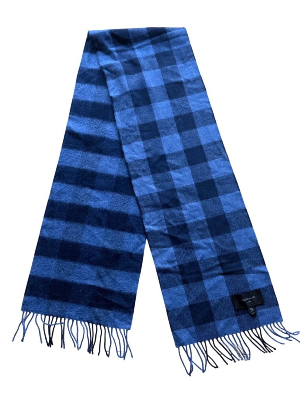 Porter & Ash London Men's Winter Scarf Blue Plaid Merino Wool Fringe 66" x 10"